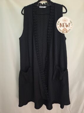 Origami Black Lace Trimmed Long Cardigan Vest